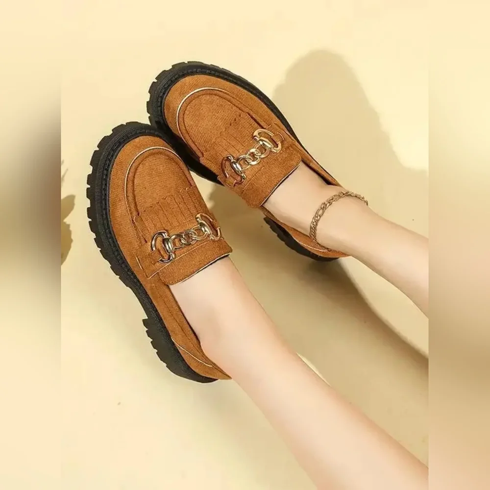 Women's Brown Chunky Platform Loafers with Chain Detail - Picture 1 of 8